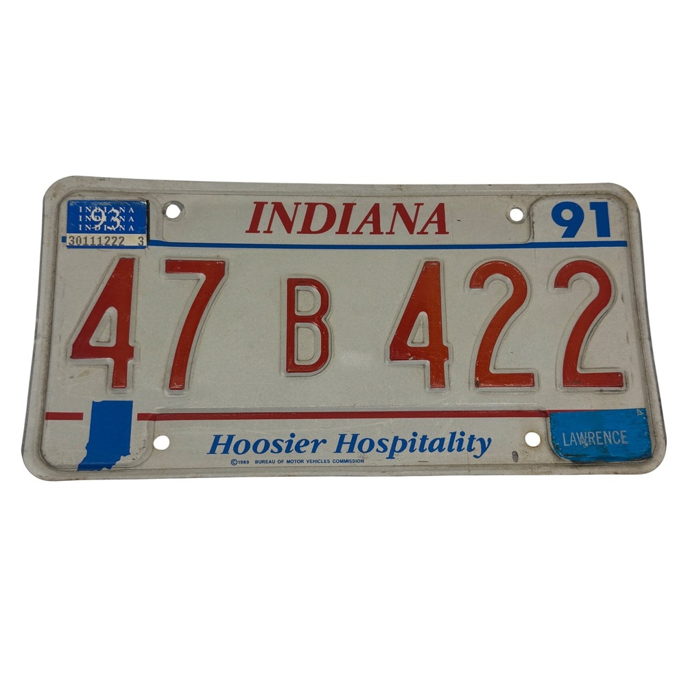 Indiana‎ License Plate Vintage 1991 1993 Hoosier Hospitality Lawrence County Red